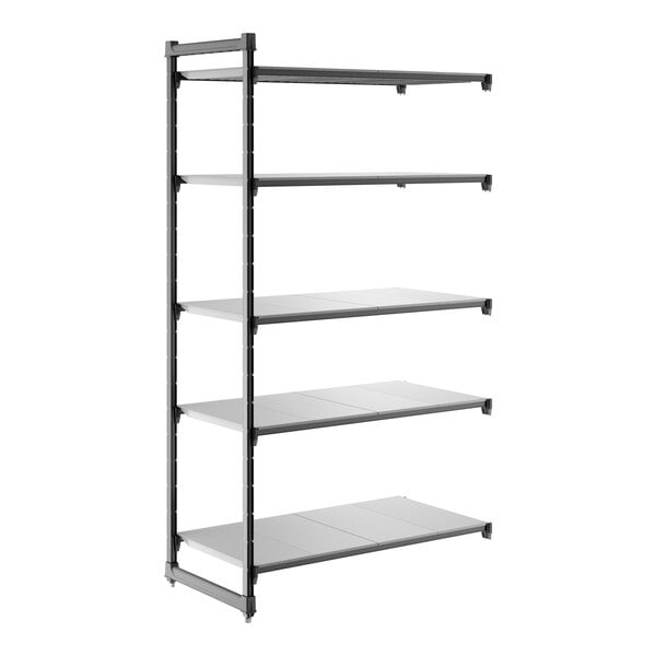 A five-shelf solid add-on shelving unit with a black frame and gray shelves.