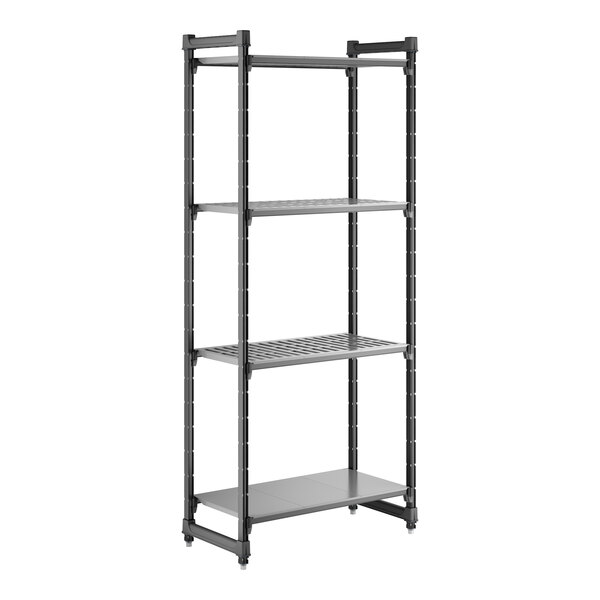 A tall, black stationary shelving unit with three vented shelves and one solid shelf.
