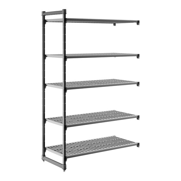 A black vented five-shelf add-on shelving unit.