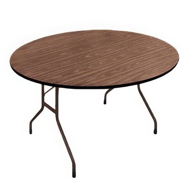 A Correll round folding table with metal legs.