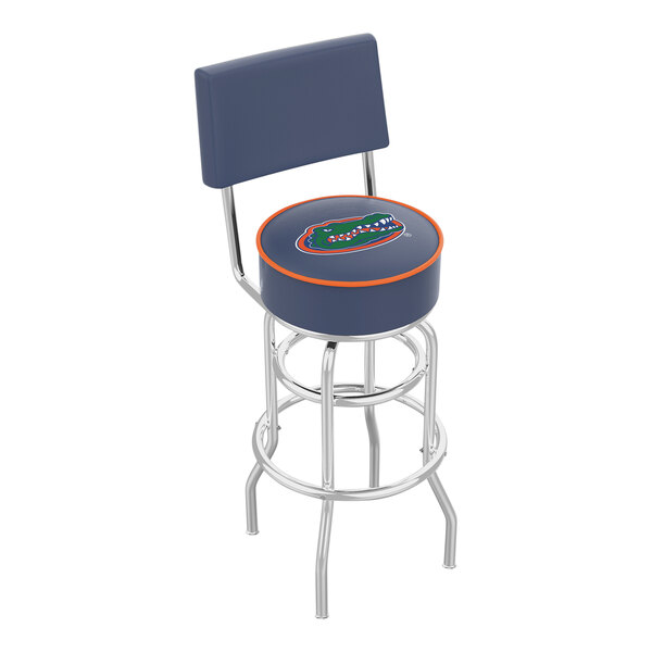 A blue and orange Holland Bar Stool with a University of Florida logo on the seat and backrest.