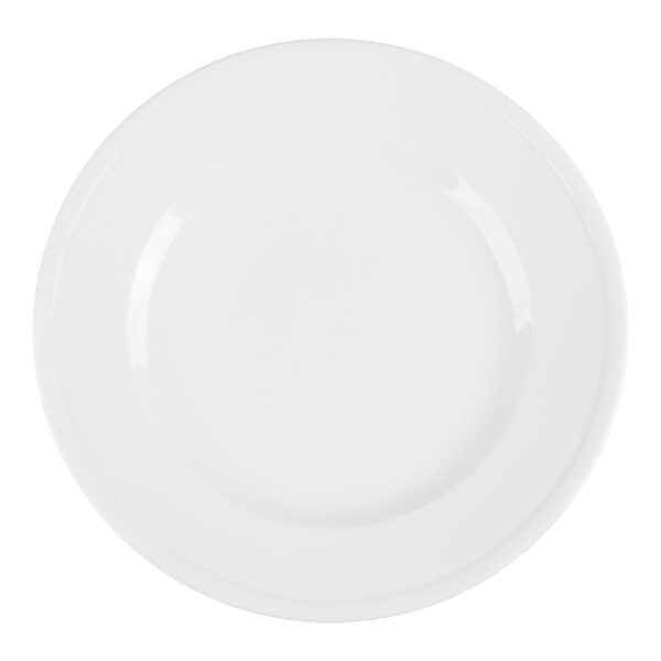 A plain, round, white plate viewed from above.