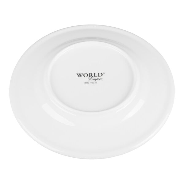 A white porcelain plate shown from the bottom with the text 'WORLD Empire' and a product number printed in the center.