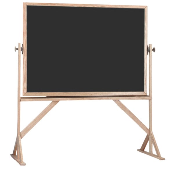 A black board on a stand with a wooden frame.