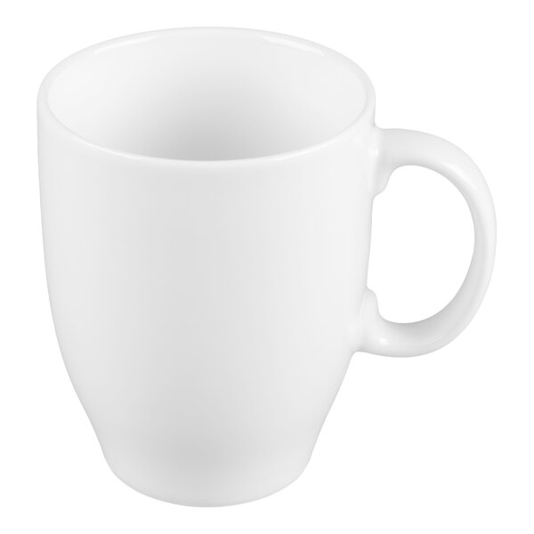 A plain white ceramic mug with a handle, shown against a white background.