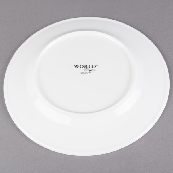 A white Libbey porcelain plate with black text that says "World"