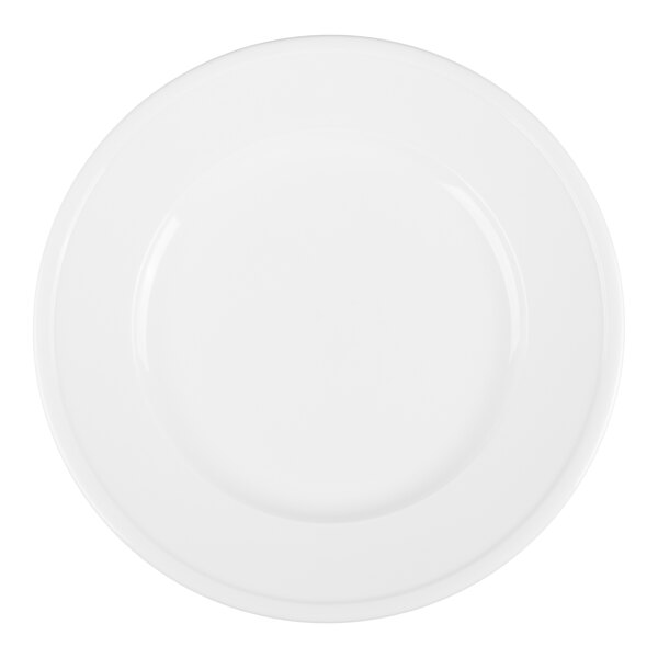 A plain, round, white plate viewed from above.