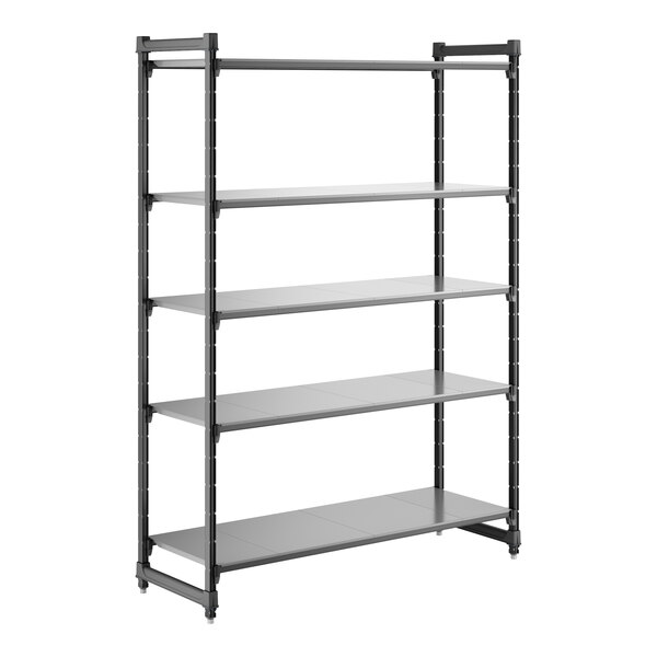 A large, black, five-shelf stationary shelving unit with solid shelves.