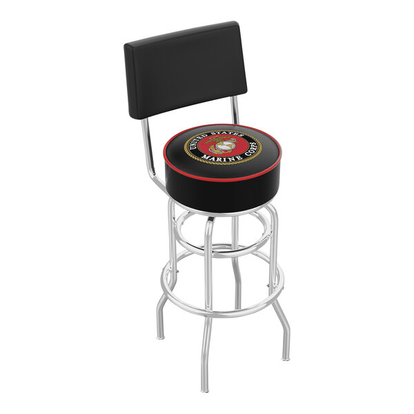 A black bar stool with a red cushion and United States Marine Corps logo.