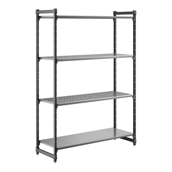 A large black stationary shelving unit with three vented shelves and one solid shelf.