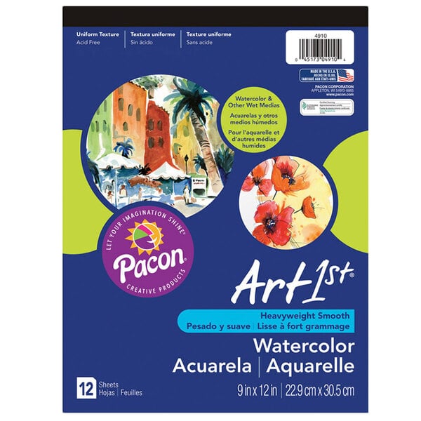 A blue and white package of Pacon white artist watercolor paper with 12 pads.