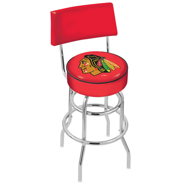 A red bar stool with the Chicago Blackhawks logo on the seat and back.