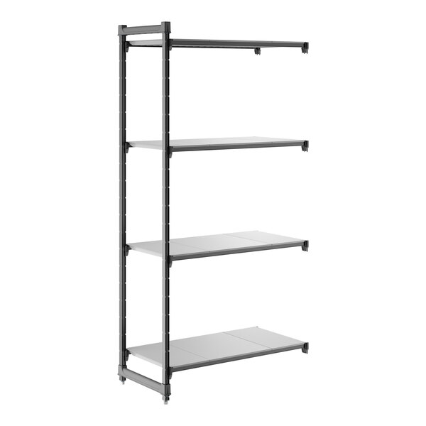 A black metal shelving unit with four solid shelves designed for storage.