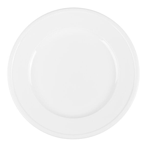 A plain, round, white plate with a slightly raised rim, viewed from above.