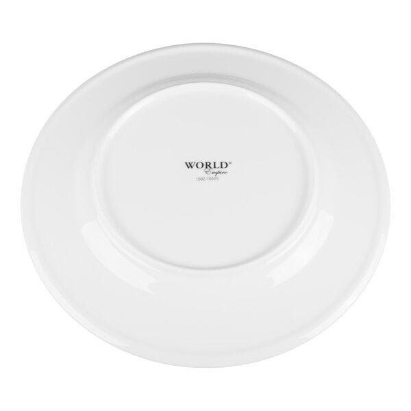 A white porcelain plate shown from the bottom with the brand name and some text printed in the center.