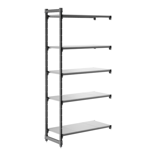 A five-shelf add-on shelving unit with a metal frame and solid shelves.
