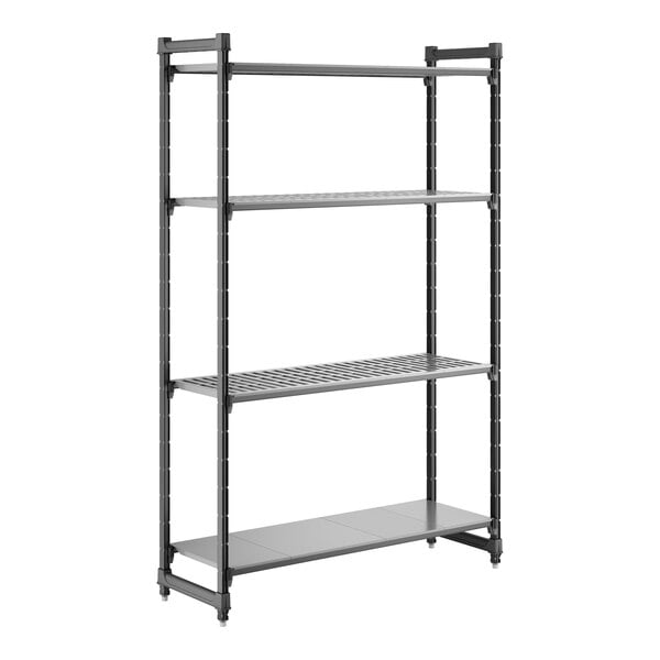 A tall, stationary shelving unit with three vented shelves and one solid shelf, designed for storage and organization.