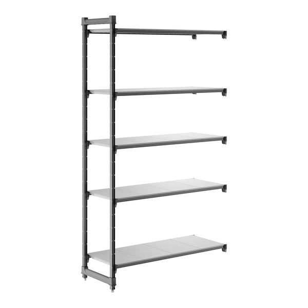 A five-shelf add-on shelving unit with solid shelves and a metal frame.