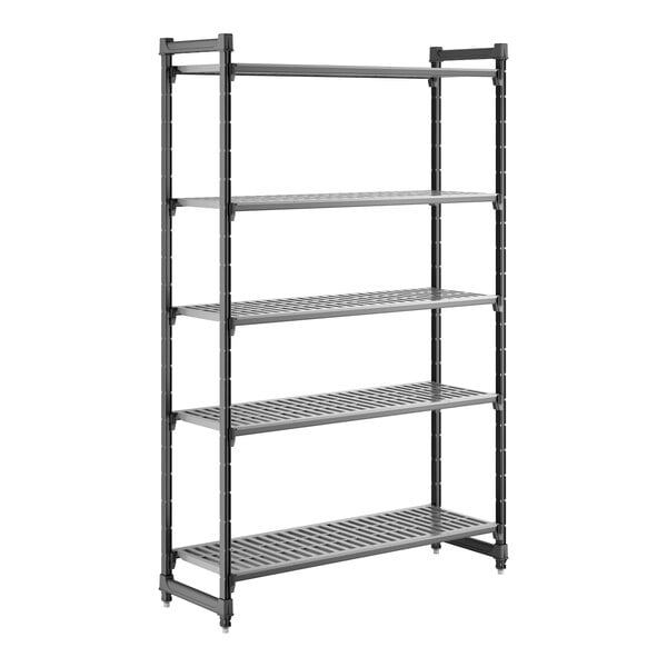 A tall, black, five-shelf vented plastic shelving unit designed for storage.