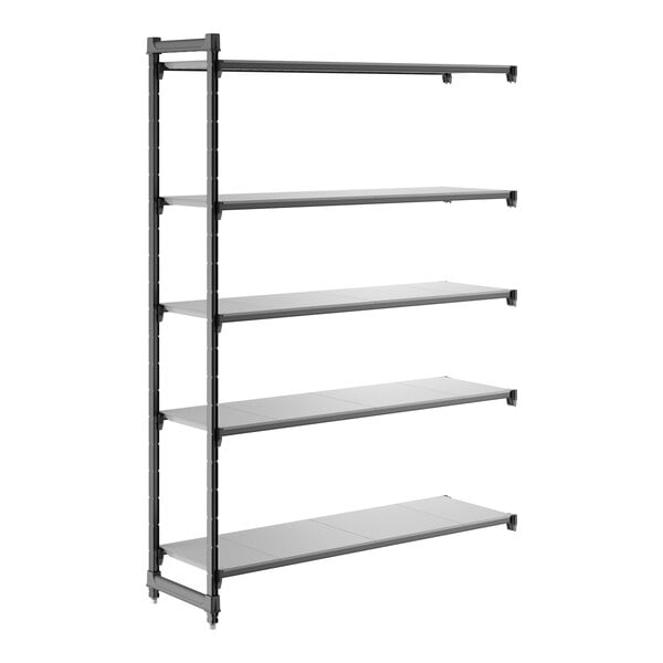 A five-shelf add-on shelving unit with solid shelves and a metal frame.