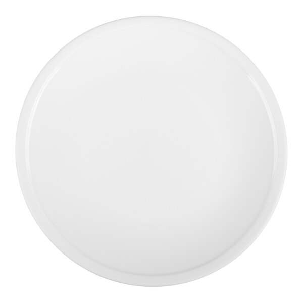 A plain, round, white plate viewed from above.