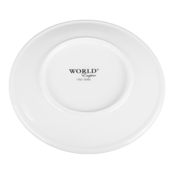 A white porcelain plate with a slightly raised rim and the words 'WORLD Empire' printed in the center.