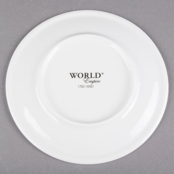 A Libbey Alpine White Porcelain Coupe Plate with black text on a white background.