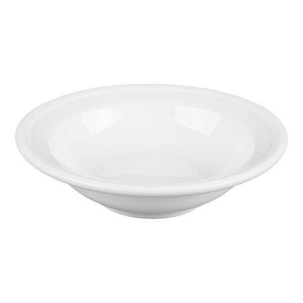 A white, round, shallow bowl with a smooth, glossy finish.