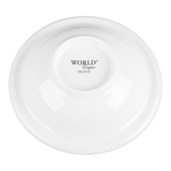 A white porcelain bowl shown upside down with the brand name and some text visible on the bottom.