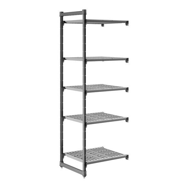 A tall, gray, five-shelf vented shelving unit designed for storage and organization.