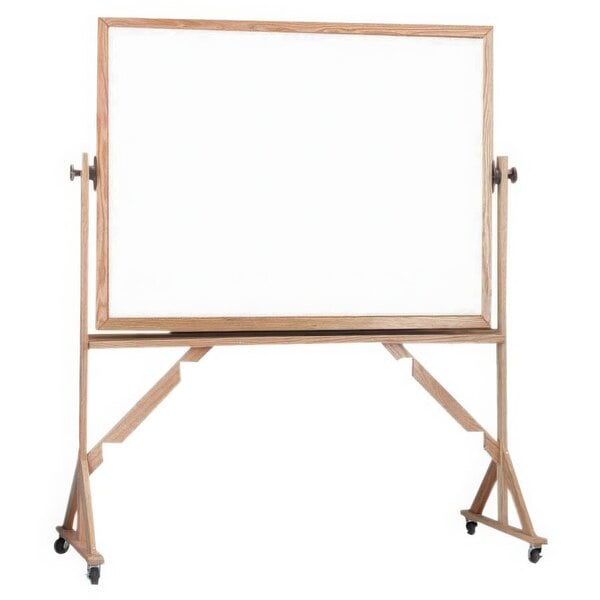 A white board on a stand with a wooden frame.