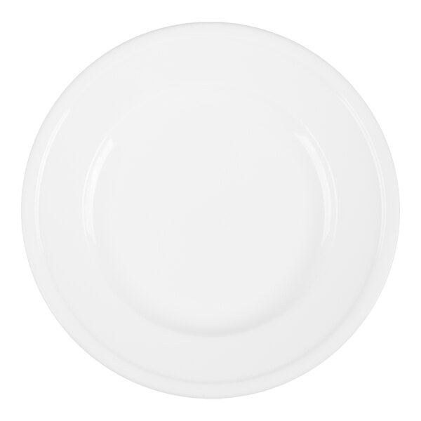 A plain, round, white plate viewed from above.