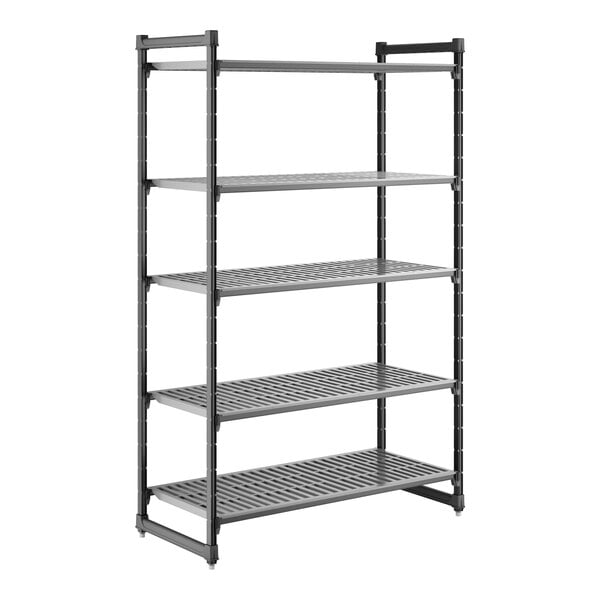 A gray, five-shelf vented stationary shelving unit made of plastic.