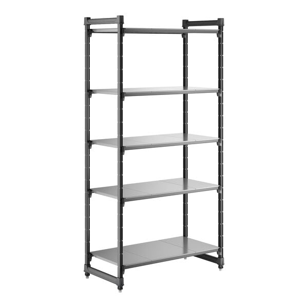 A tall, black, five-shelf stationary shelving unit with solid shelves.