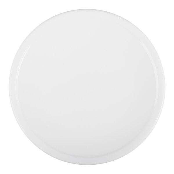 A plain, round, white plate viewed from above.