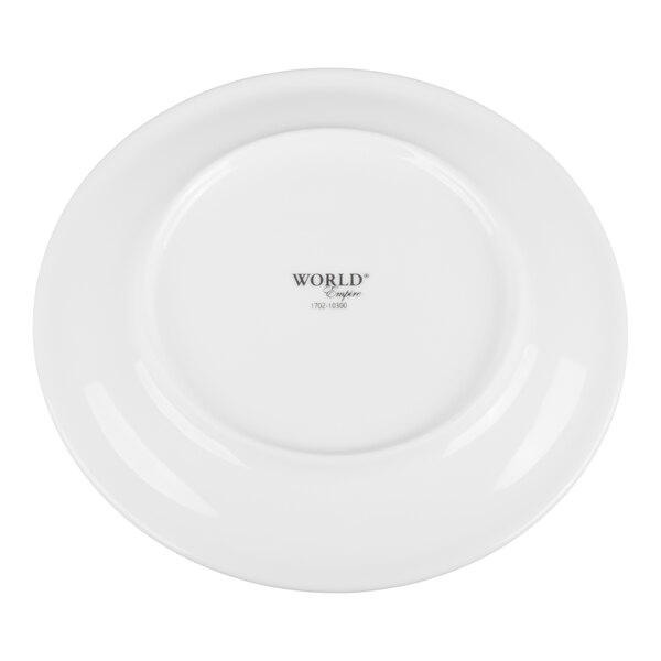 A white porcelain plate shown from the bottom with the text 'WORLD Empire' and some numbers printed in the center.