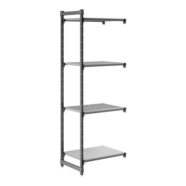 A tall, four-tier shelving unit with three vented shelves and one solid shelf, designed for storage and organization.