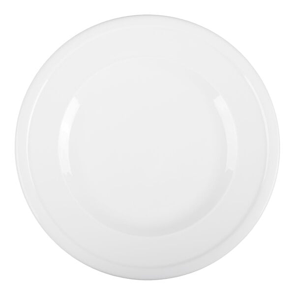 A plain, round, white plate viewed from above against a white background.