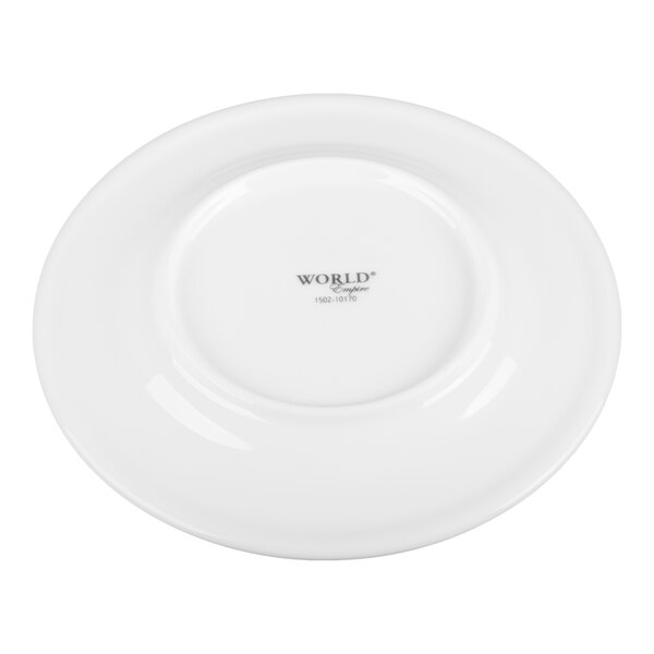 A plain white porcelain plate with a small logo and text in the center.