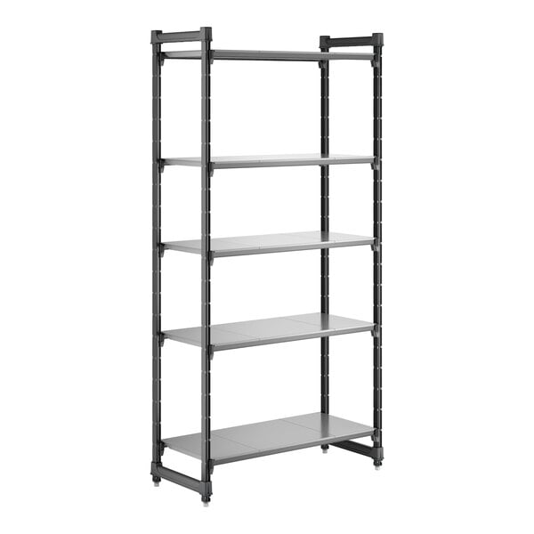 A tall, five-shelf, solid black and gray stationary shelving unit.