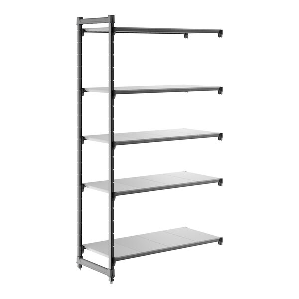 A five-shelf solid add-on shelving unit with a metal frame and flat shelves.