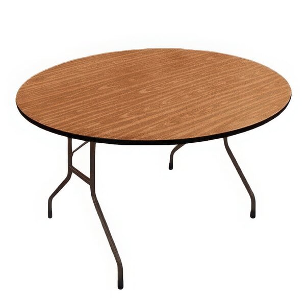 A Correll round folding table with a metal frame.