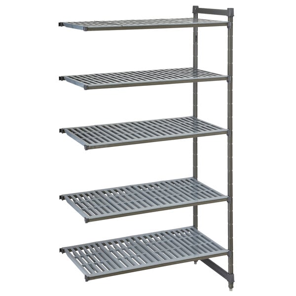 A grey metal Camshelving unit with vented shelves.