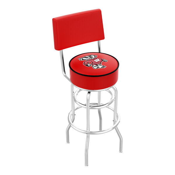 A red swivel bar stool with a padded back and seat, featuring the University of Wisconsin logo and a chrome double ring base.