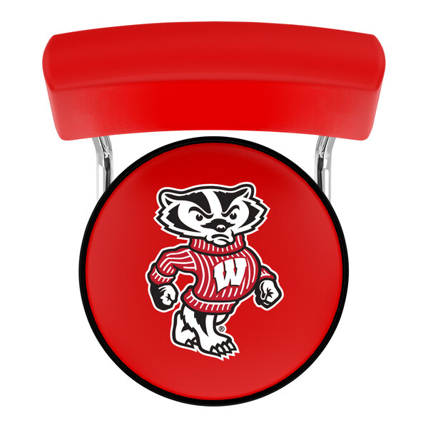 A red swivel bar stool with a padded back and seat featuring the University of Wisconsin mascot logo on the seat.