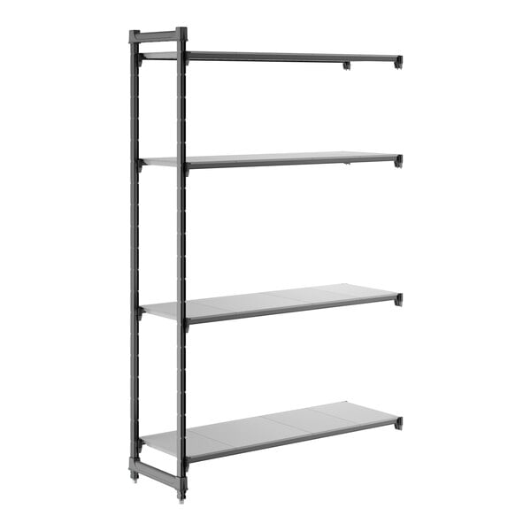 A black metal shelving unit with four solid shelves designed for storage.