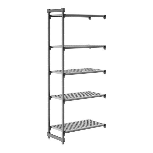 A tall, black, five-shelf vented shelving unit designed for storage and organization.