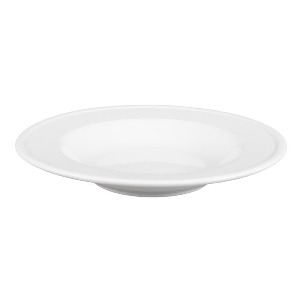 A plain white, shallow porcelain bowl with a wide rim, photographed against a white background.