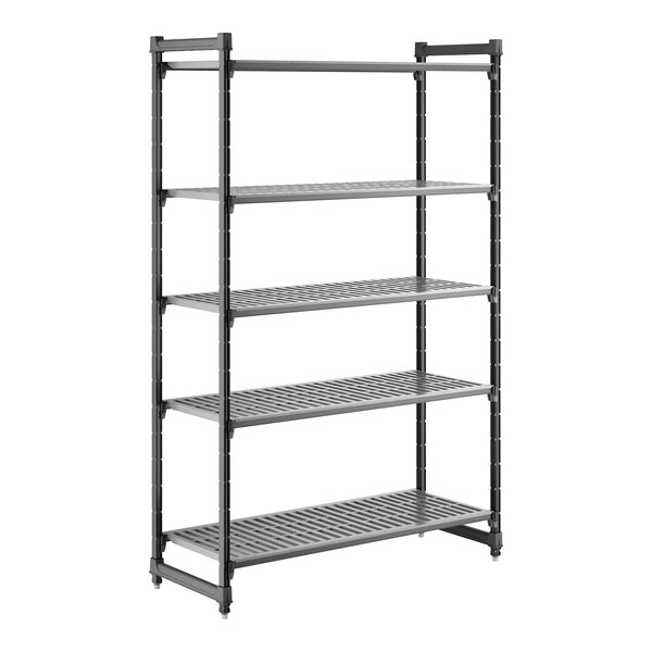 A tall, black, five-shelf vented stationary shelving unit.