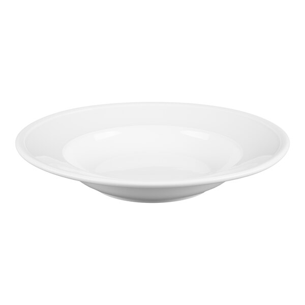 A plain, white, shallow porcelain bowl with a wide rim, photographed against a white background.